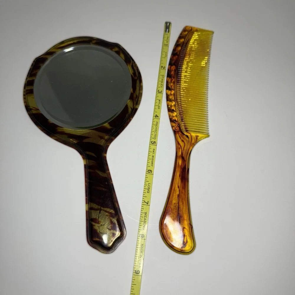 Antique Victorian Faux Tortoise‎ Shell Celluloid Handled Mirror Brush Vanity 8